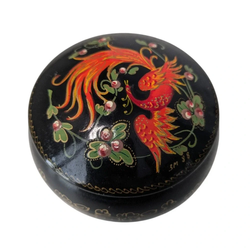 Flaming Peacock Phoenix 1988 USSR Lacquered Tin Jewelry Trinket Box Small